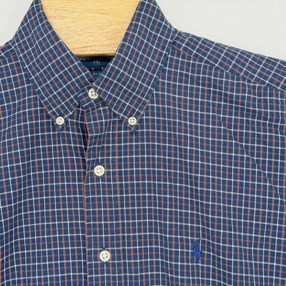 Vintage Polo Ralph Lauren Button Down Mens M Navy Blue Tartan Plaid Blake Pony